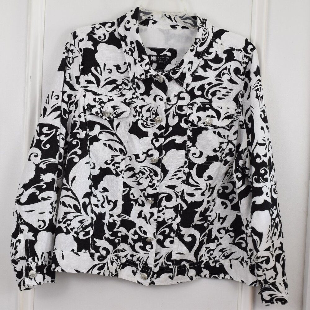 Carol Little Woman 1X Jacket Linen Black White Long Sleeve Geometric Floral Plus